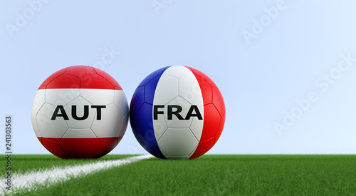 Austria vs. France Soccer Match - Soccer balls in Austria and France national colors on a soccer field. Copy space on the right side - 3D Rendering 