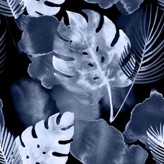 Fototapete Eklektische Muster Tropisches Aquarellmuster mit Monsterablättern  © graficanto