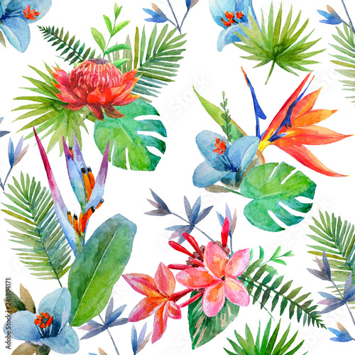 Pattern with watercolor tropical flowers, leaves and plants on white background. Hand painted jungle paradise background for textile. © yulia_7