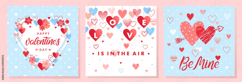 Fototapeta premium Collection of creative Valentines Day cards.Hand drawn lettering with hearts,arrows and flowers.Romantic illustrations perfect for prints,flyers,posters,holiday invitations and more.