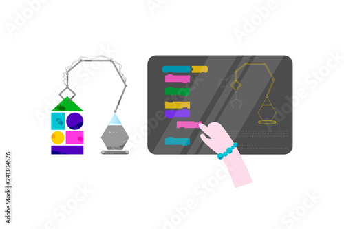 Baby hand on laptop is coding electronic machine. Children coding and code training design concept in flat style