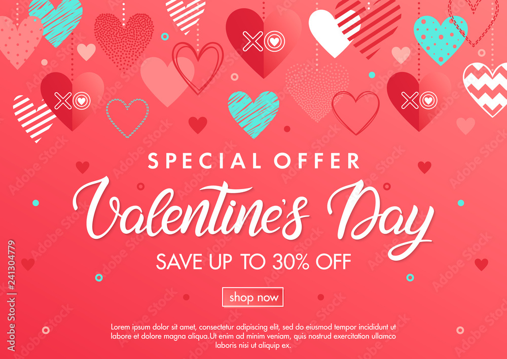 Valentines Day special offer banner with different hearts.Sale banner template perfect for prints, flyers, banners, promotions, special offers and more. Vector Valentines Day promotion.