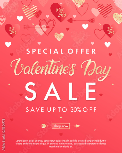Valentines Day special offer banner with different hearts and gold foil elements.Sale flyer template perfect for prints, flyers, banners, promotions, special offers and more. Vector Valentines promo.