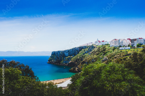 The incredible seascaping view of beach with blue sea in morocco in summer