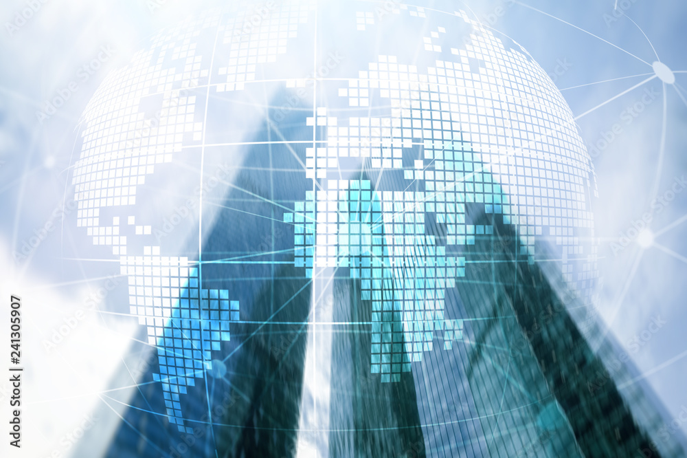 3D Earth hologram on blurred background.Global business and communication concept. 3D Earth hologram on blurred background.Global business and communication concept.