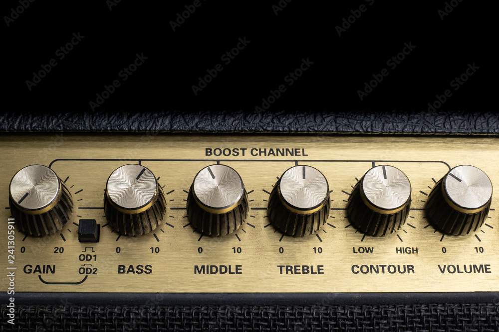 vintage amplifier six knobs horizontal closeup, isolated, copy space on top  Stock Photo | Adobe Stock