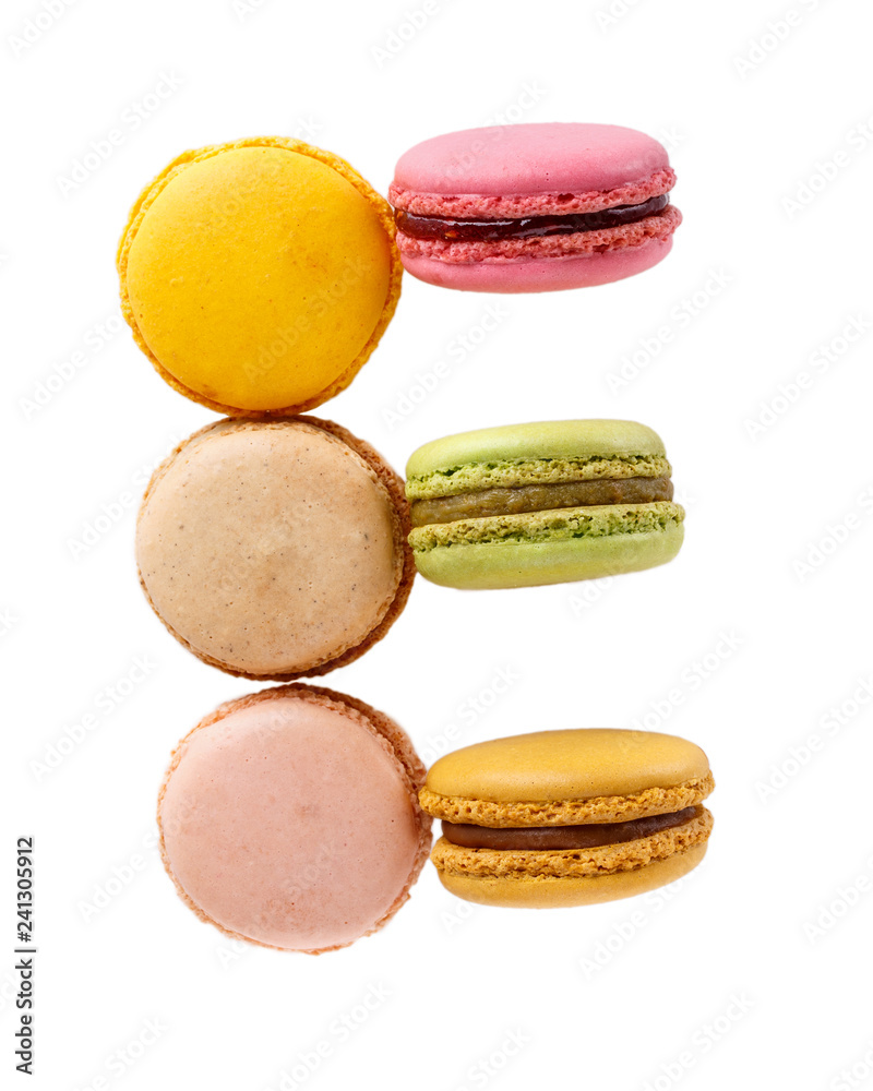 Letter E from multi-colored macaroon cookies. Flat lay, top view, isolated on white. Letter E from multi-colored macaroon cookies. Flat lay, top view, isolated on white.