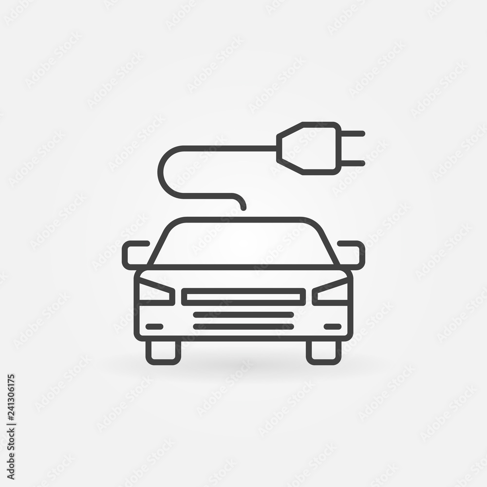 Modern electric car with plug vector concept icon or sign in outline style Modern electric car with plug vector concept icon or sign in outline style