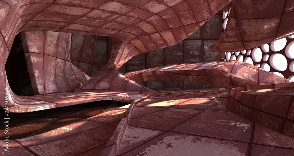 Empty smooth abstract room interior of sheets rusted metal . Architectural background. 3D illustration and rendering Empty smooth abstract room interior of sheets rusted metal . Architectural background. 3D illustration and rendering
