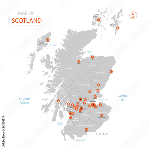 Stylized vector Scotland map showing big cities, capital Edinburgh, administrative divisions.
