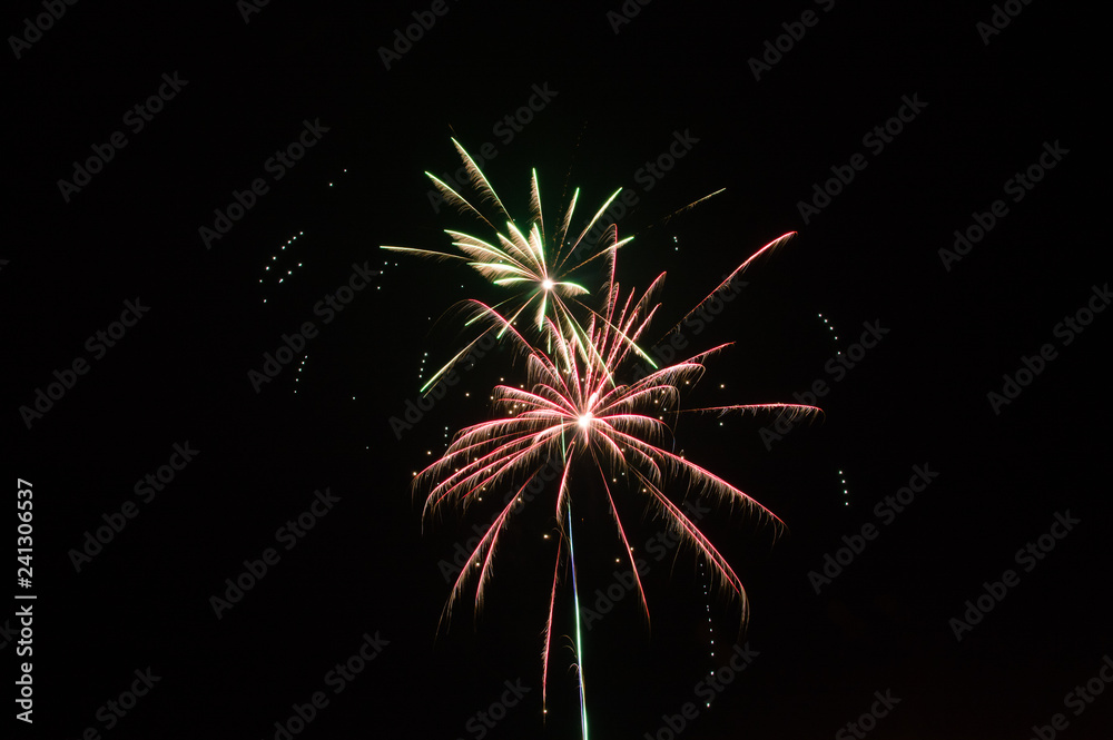 Sparkling fireworks in the black sky. Sparkling fireworks in the black sky.