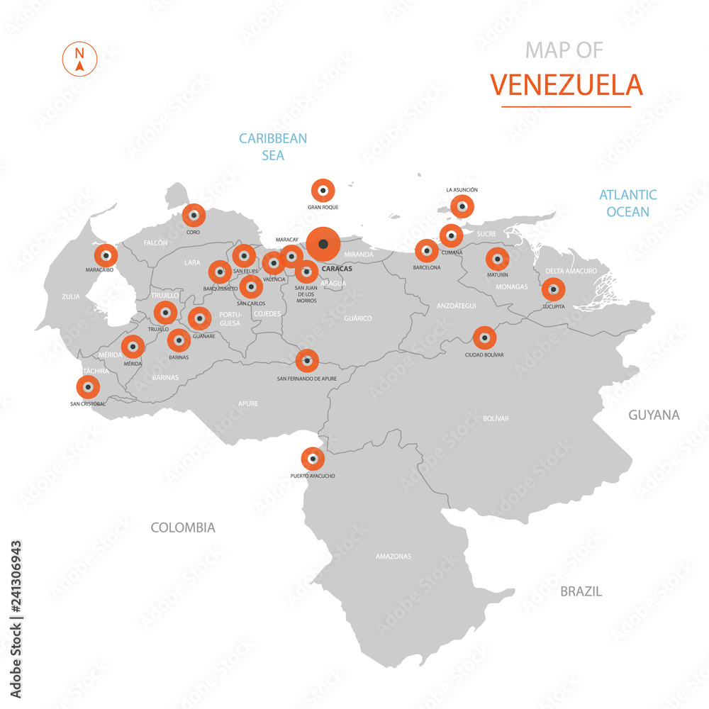 Stylized vector Venezuela map showing big cities, capital Caracas