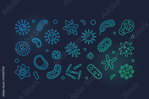 Human microbiota vector colored horizontal illustration in outline style on dark background