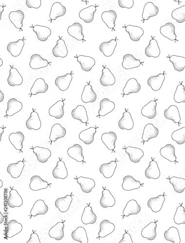Delicate Hand Drawn Pears Vector Pattern. Grey Pears Scattered on a White Background. Retro Style Skeched Fruits. 