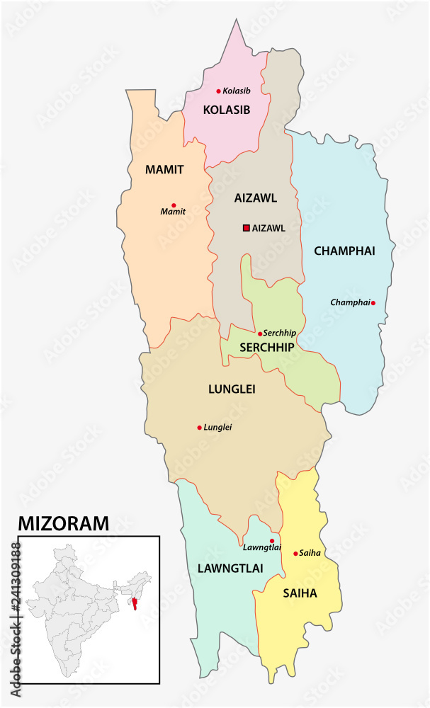 administrative and political map of indian state of Mizoram, india