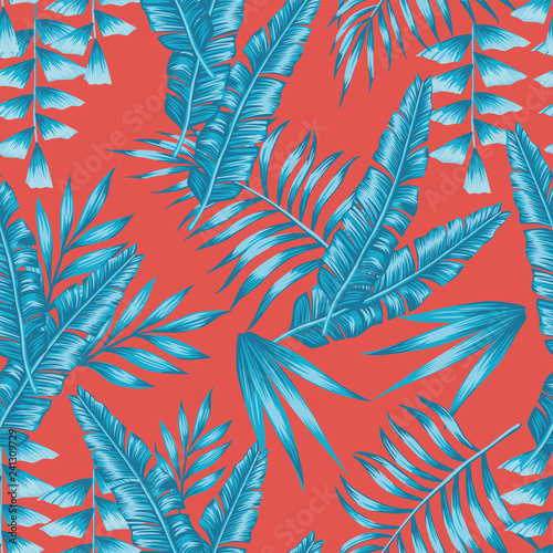 Blue tropical leaves seamless living coral background