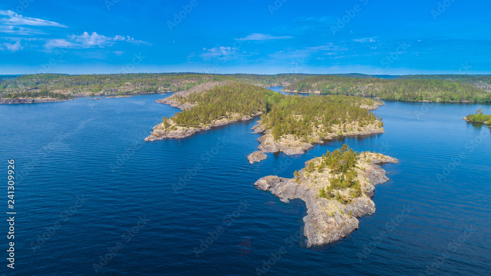 Islands from a height. Lake with islands. Karelia. Russia. Wildlife of Russia. Ladoga lake. Republic of Karelia.