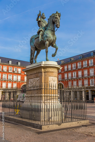Madrid, Spain. Statue of King Philip III (1616) in the center of Plaza Mayor