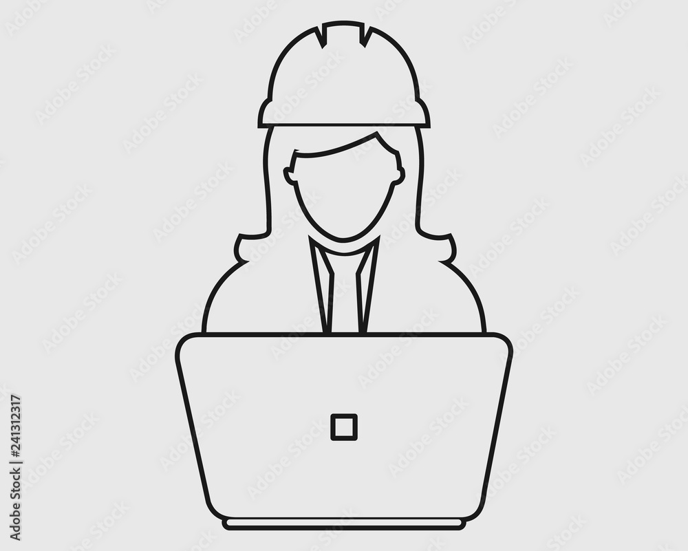Computer Engineer line Icon. Female symbol with computer monitor