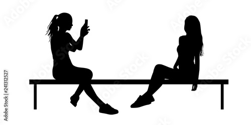 Silhouettes of girls sitting on a bench and photographing each other, vector.