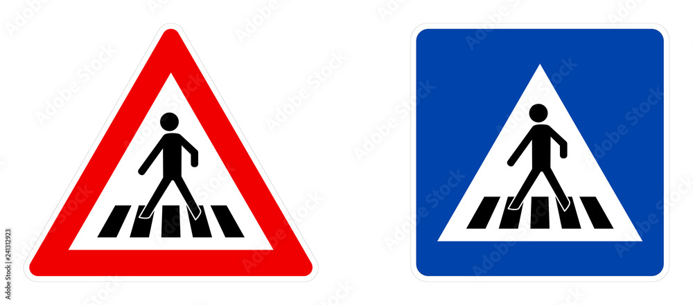 Pedestrian crossing symbol, warning (red triangle) and information (blue square) version. - obrazy, fototapety, plakaty 