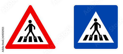 Pedestrian crossing symbol, warning (red triangle) and information (blue square) version.