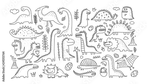 Fototapeta Naklejka Na Ścianę i Meble -  Funny dinosaurs collection, childish style. Sketch for your design