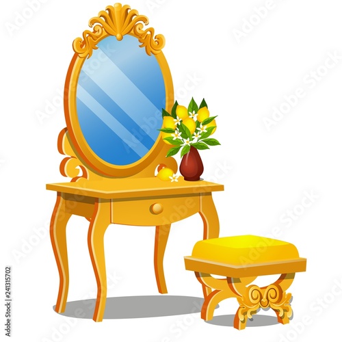 A vintage table for cosmetics, stool and a mirror with frame isolated on white background. Vector cartoon close-up illustration.