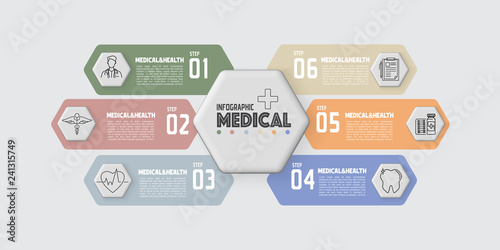 Medical and Healthcare Business Infographic template.Solid and button hexagon shape design with numbers 6 options or steps.