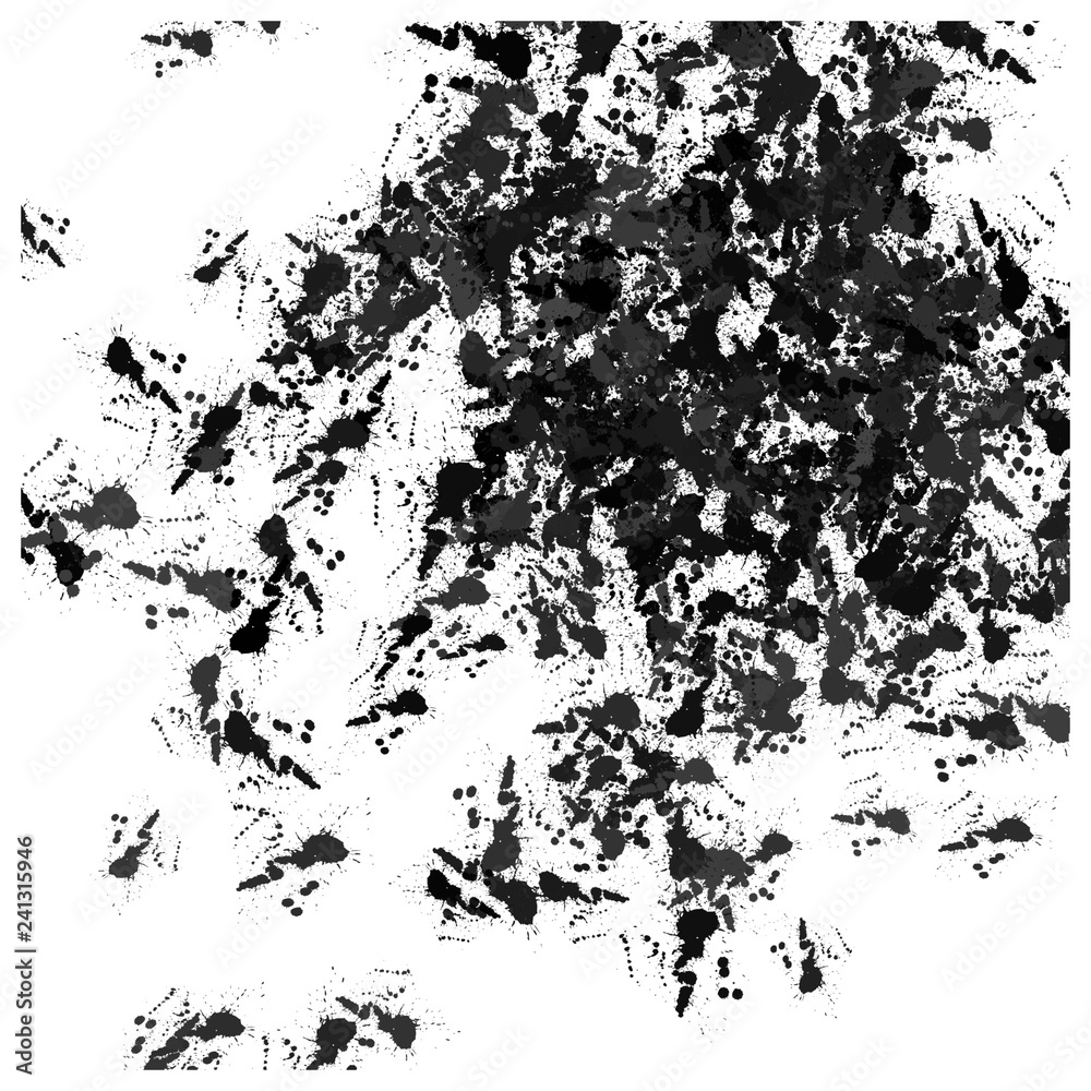 Obraz premium Isolated artistic ink paint splatter textures and decorative elements on white paper background. Chaotic isentegration effect.