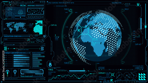 UI interface with Earth globe 3d in control center panel command board with game and business graphs technology.