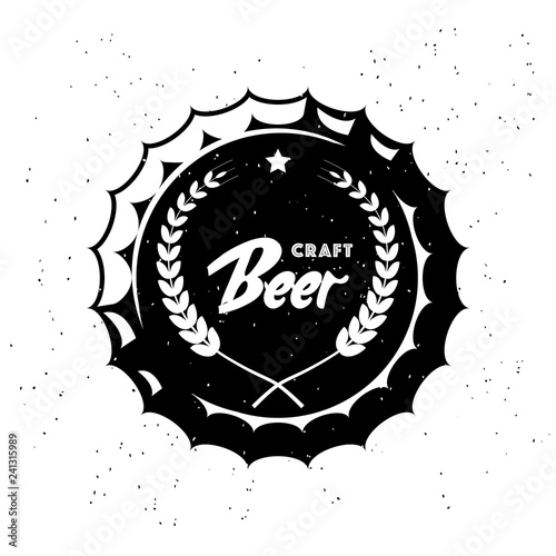 Vintage craft beer logo with wheat ear and inscription on bottle cap on white background