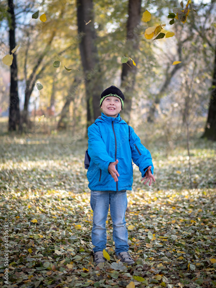 happy boy throws leaves in autumn Park happy boy throws leaves in autumn Park
