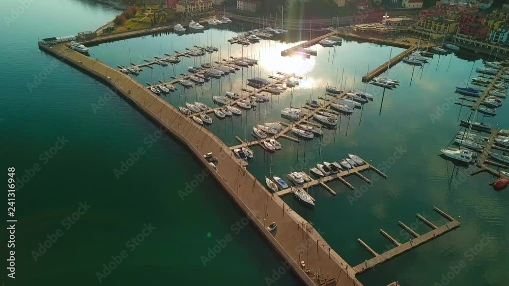 aerial shot from the drone,of Boats in Marina. Port San Rocco , Muggia Italy aerial shot from the drone,of Boats in Marina. Port San Rocco , Muggia Italy