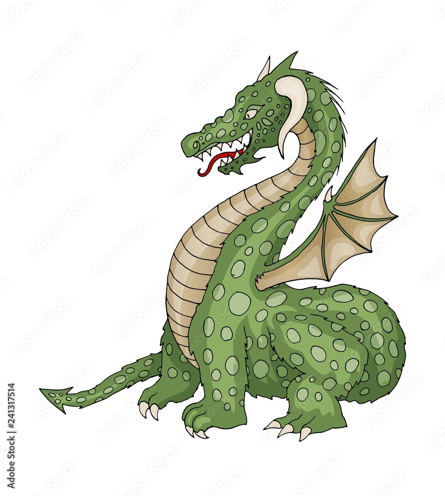 Fototapeta premium Vector cartoon funny dragon with horns and wings sticking out tongue