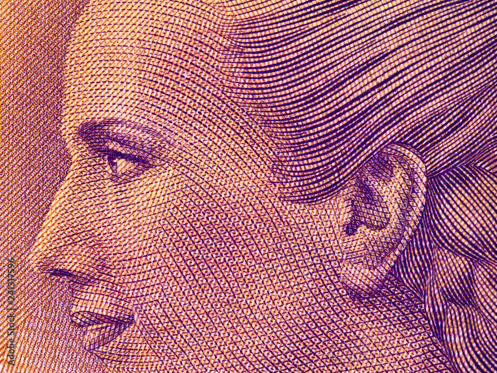 Eva Peron portrait on Argentine 100 peso (2017) banknote close up macro. Popular political leader of Argentina. - obrazy, fototapety, plakaty 