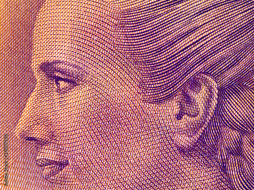 Fotografiet Eva Peron portrait on Argentine 100 peso (2017) banknote close up macro