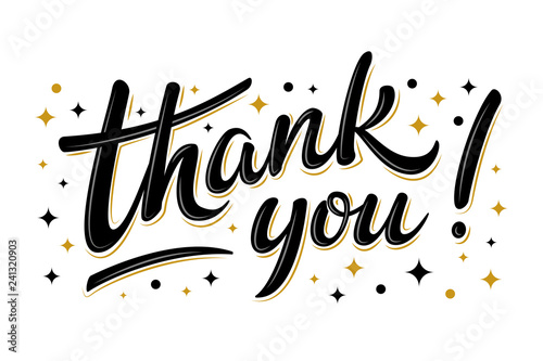 Thank you lettering sign with black/gold stars. Handwritten modern brush lettering on white background. Text for postcard, invitation, T-shirt print design, banner, poster, web, icon. Isolated vector