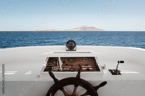 View at the instrument panel of a white yacht.