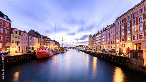 Nyhavn christmas market during night with colorful christmas decorations