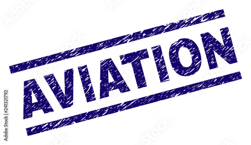 AVIATION seal stamp with distress style. Blue vector rubber print of AVIATION caption with dirty texture. Text caption is placed between parallel lines.