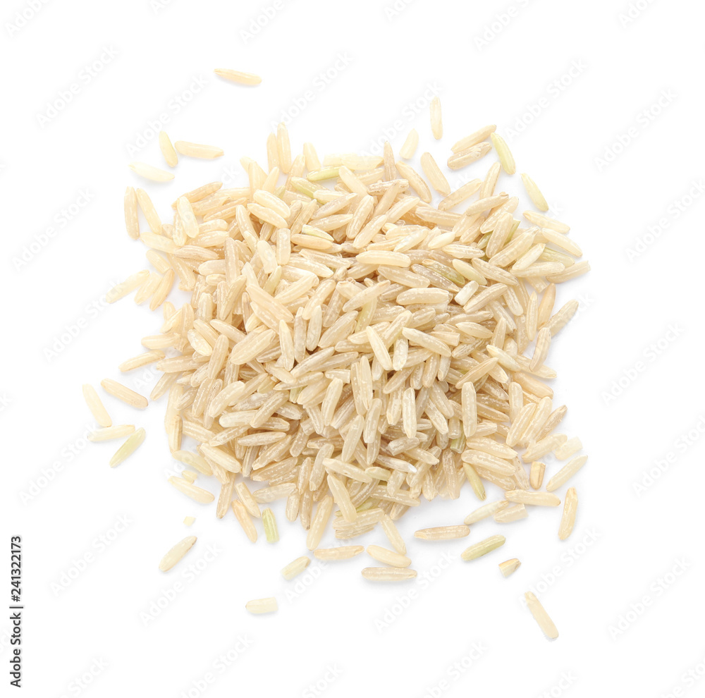 Pile of raw unpolished rice on white background, top view