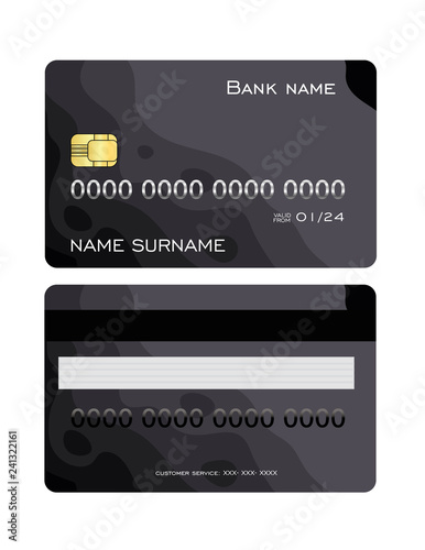 Realistic detailed credit card template set with colorful black abstract design background. Front and back side template. Vector illustration.