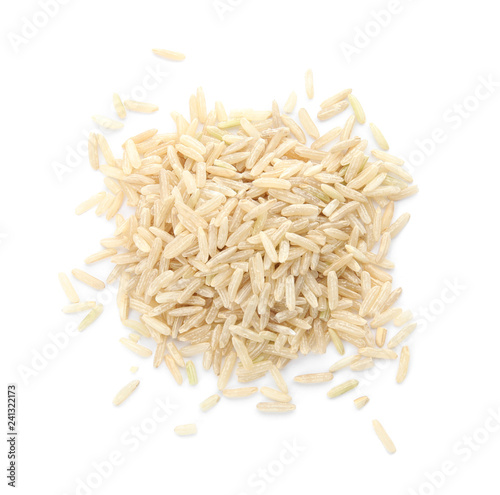 Pile of raw unpolished rice on white background, top view