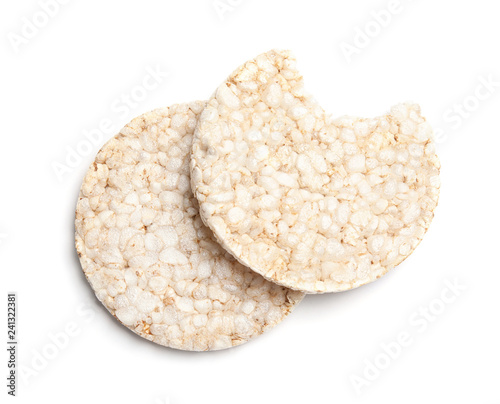 Crunchy rice cakes on white background, top view