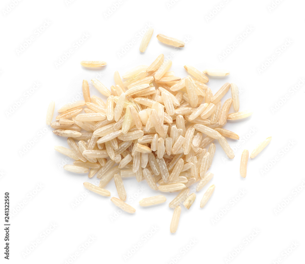 Pile of brown rice on white background, top view