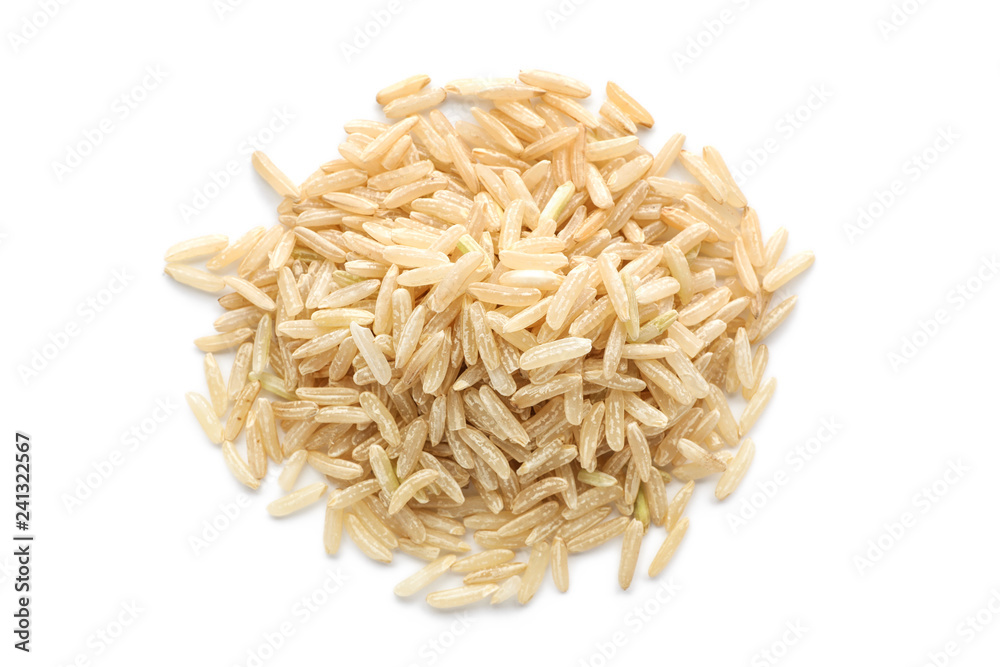 Pile of brown rice on white background, top view Pile of brown rice on white background, top view