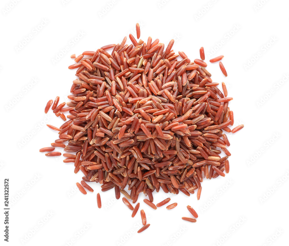Pile of brown rice on white background, top view Pile of brown rice on white background, top view