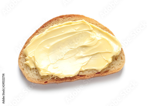 Tasty toast with butter isolated on white, top view