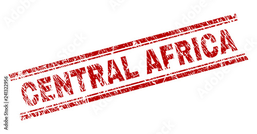 CENTRAL AFRICA seal watermark with distress texture. Red vector rubber print of CENTRAL AFRICA label with unclean texture. Text label is placed between double parallel lines.